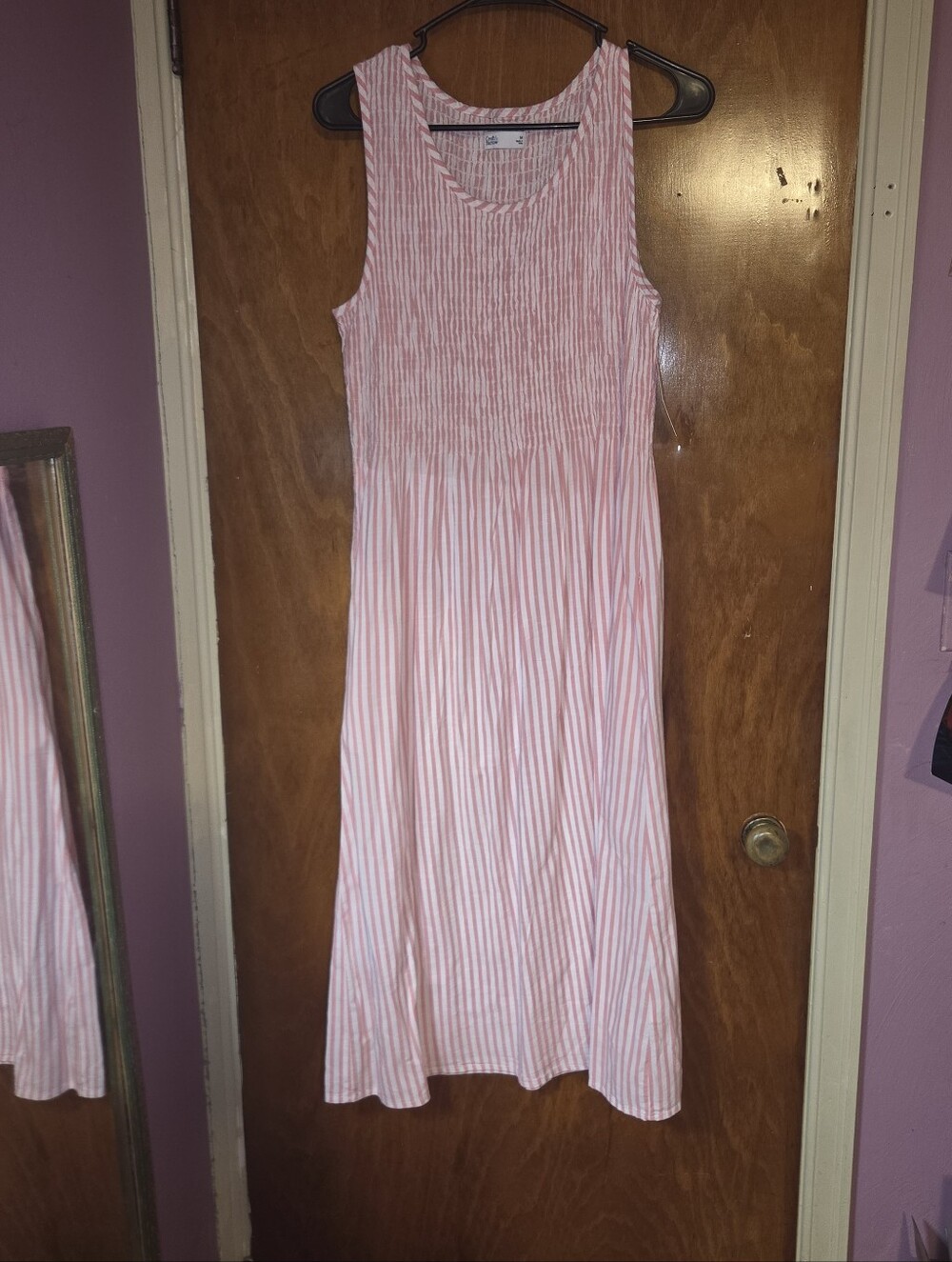 Croft & Barrow Pink White Striped Smocked Bodice Midi Dress NWT Size M